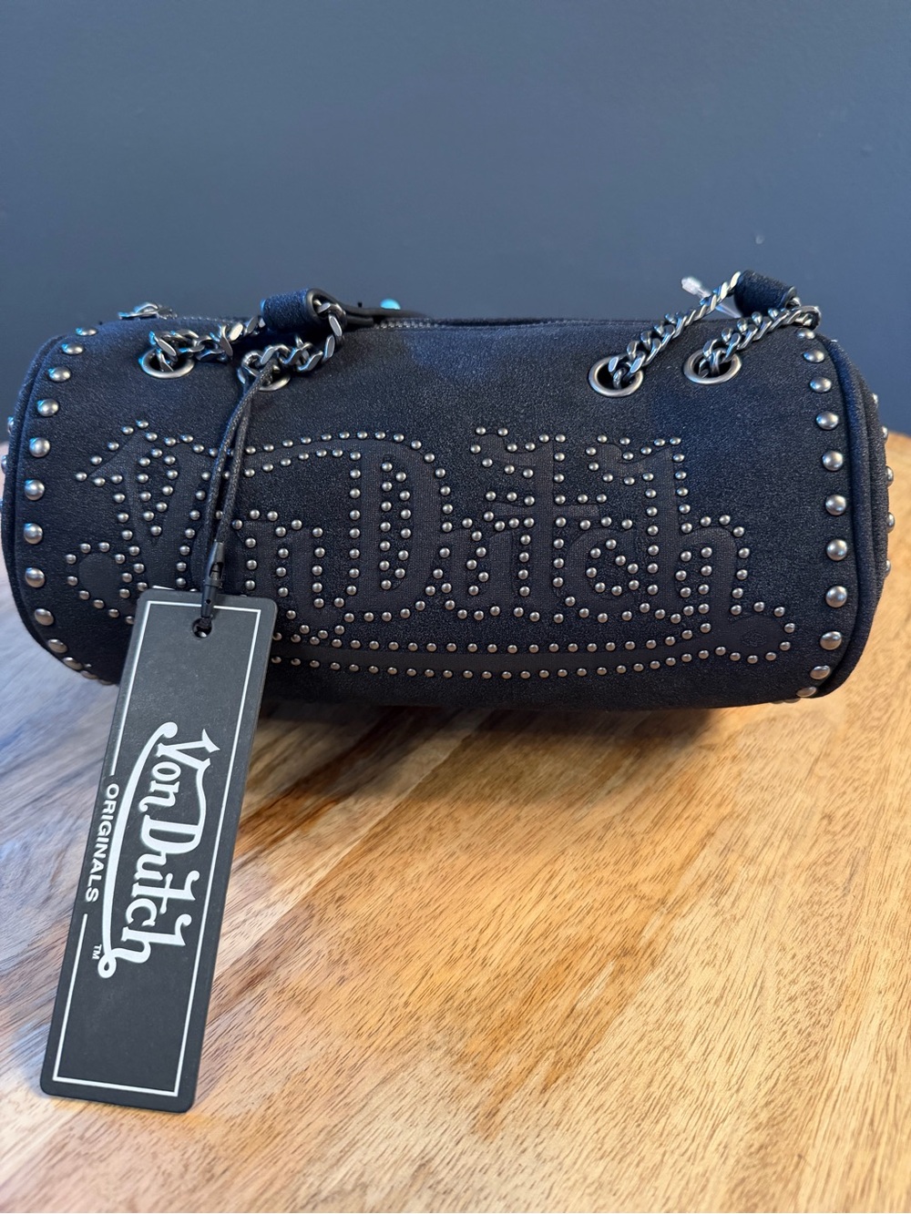 Von Dutch Black Studded Barrel Bag with Chain Straps - Picture 2 of 9